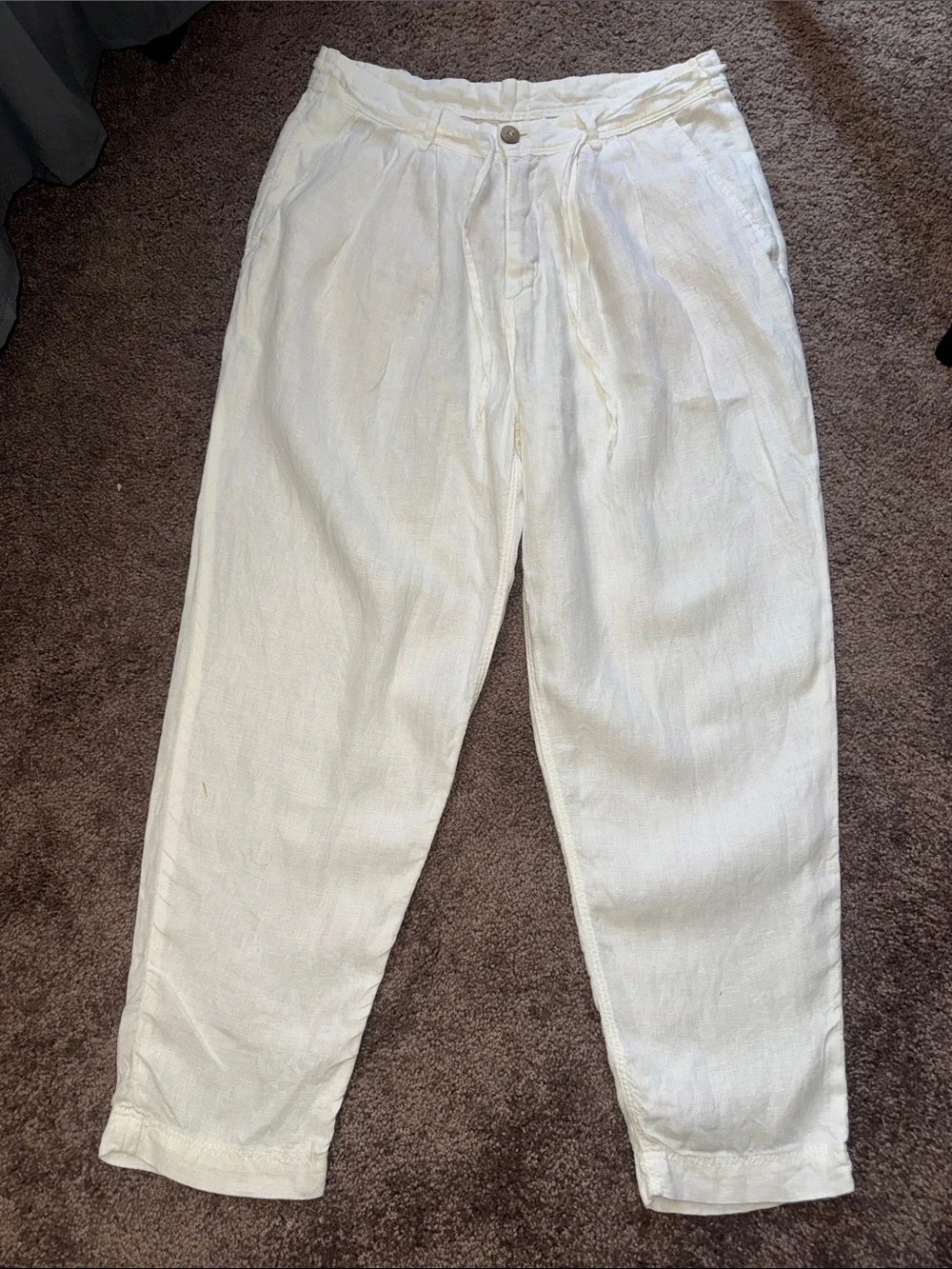 Zara White Linen-Blend Relaxed Drawstring Trousers